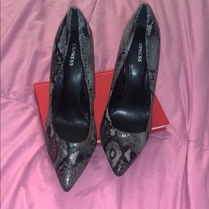 Grey and black Snakeskin express heels